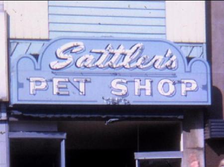 A blue, retro-style sign above a shop entrance reads