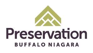 Logo for Preservation Buffalo Niagara featuring a stylized green building roof icon above dark text.