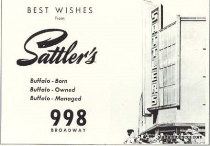 Vintage advertisement for Sattler’s department store at 998 Broadway, featuring its iconic sign and building facade.