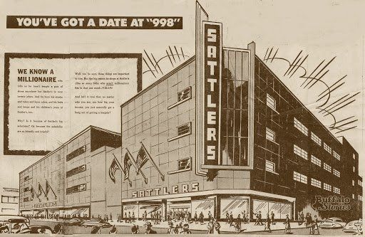 Vintage advertisement illustration of the Sattler's department store building at 998 Broadway in Buffalo, New York.