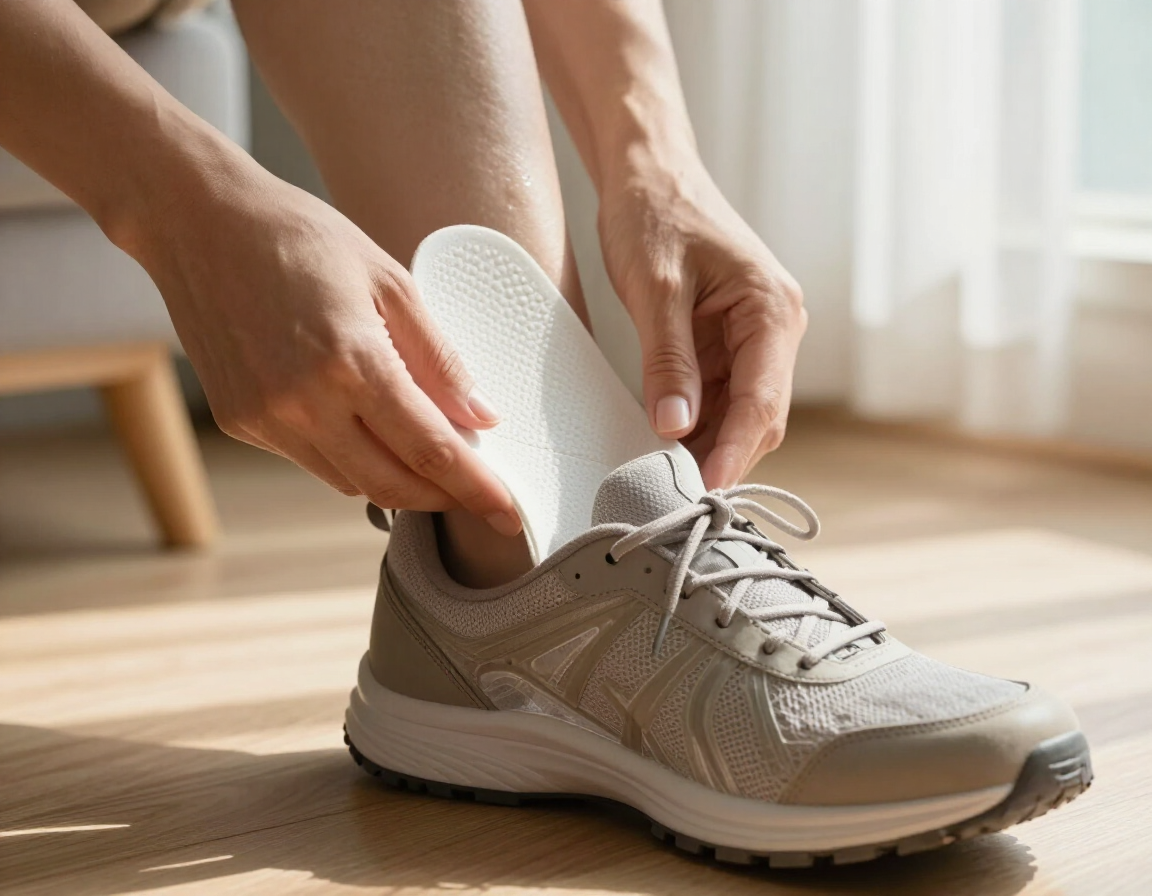 Person placing an orthotic insert into a walking shoe