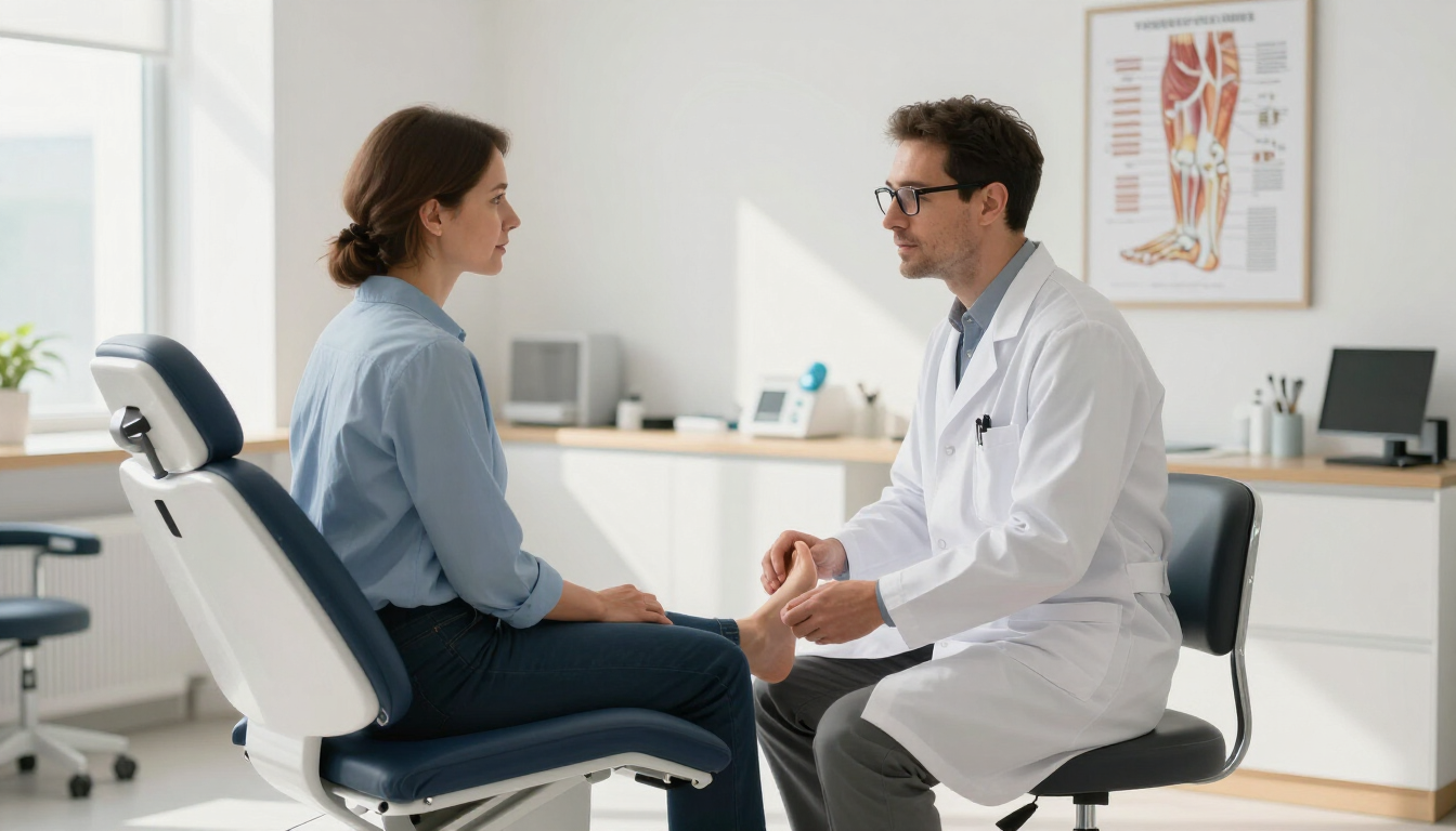 Podiatry consultation about orthotics and foot comfort