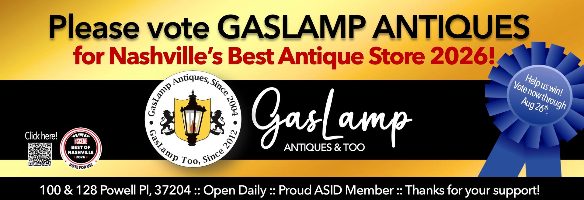 Green “OPEN DAILY!” sign for Gas Lamp Vintage, with hours and location details in white text.