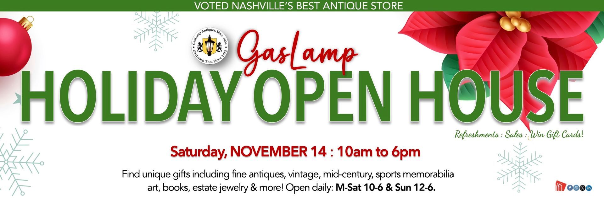Green “OPEN DAILY!” sign for Gas Lamp Vintage, with hours and location details in white text.