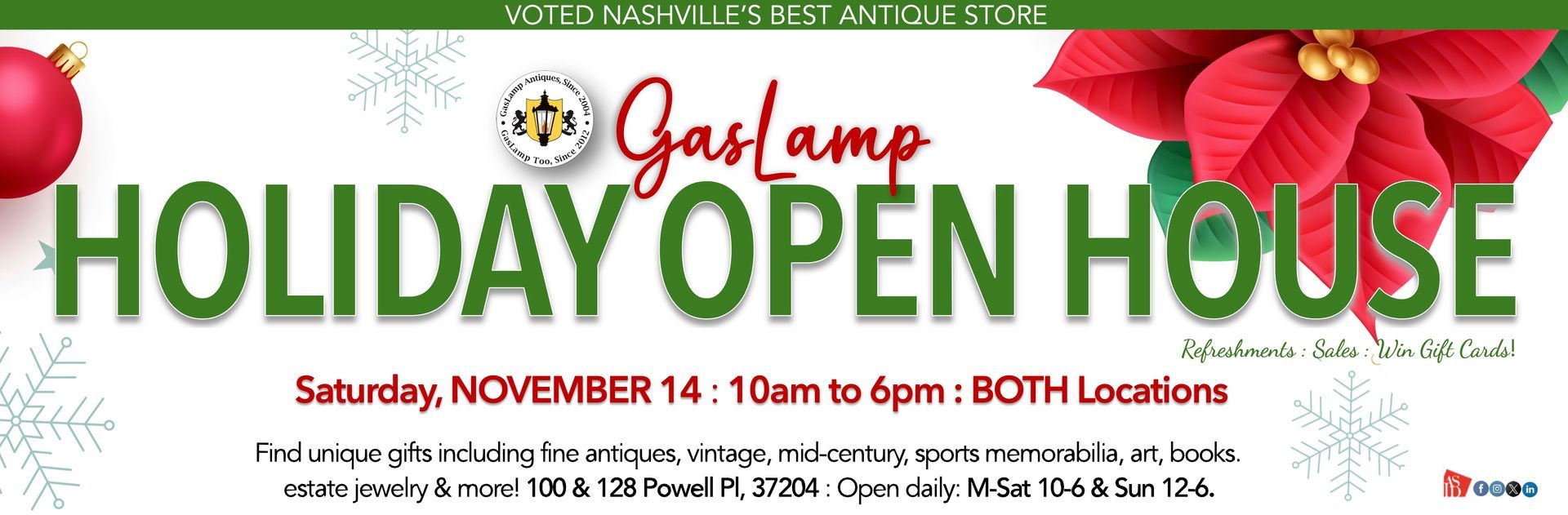 Green “OPEN DAILY!” sign for Gas Lamp Vintage, with hours and location details in white text.