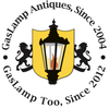 Gas lamp logo with lion silhouettes and curved text reading “GasLamp Antiques” and “GasLamp Too”