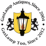 Gas lamp logo with lion silhouettes and curved text reading “GasLamp Antiques” and “GasLamp Too”