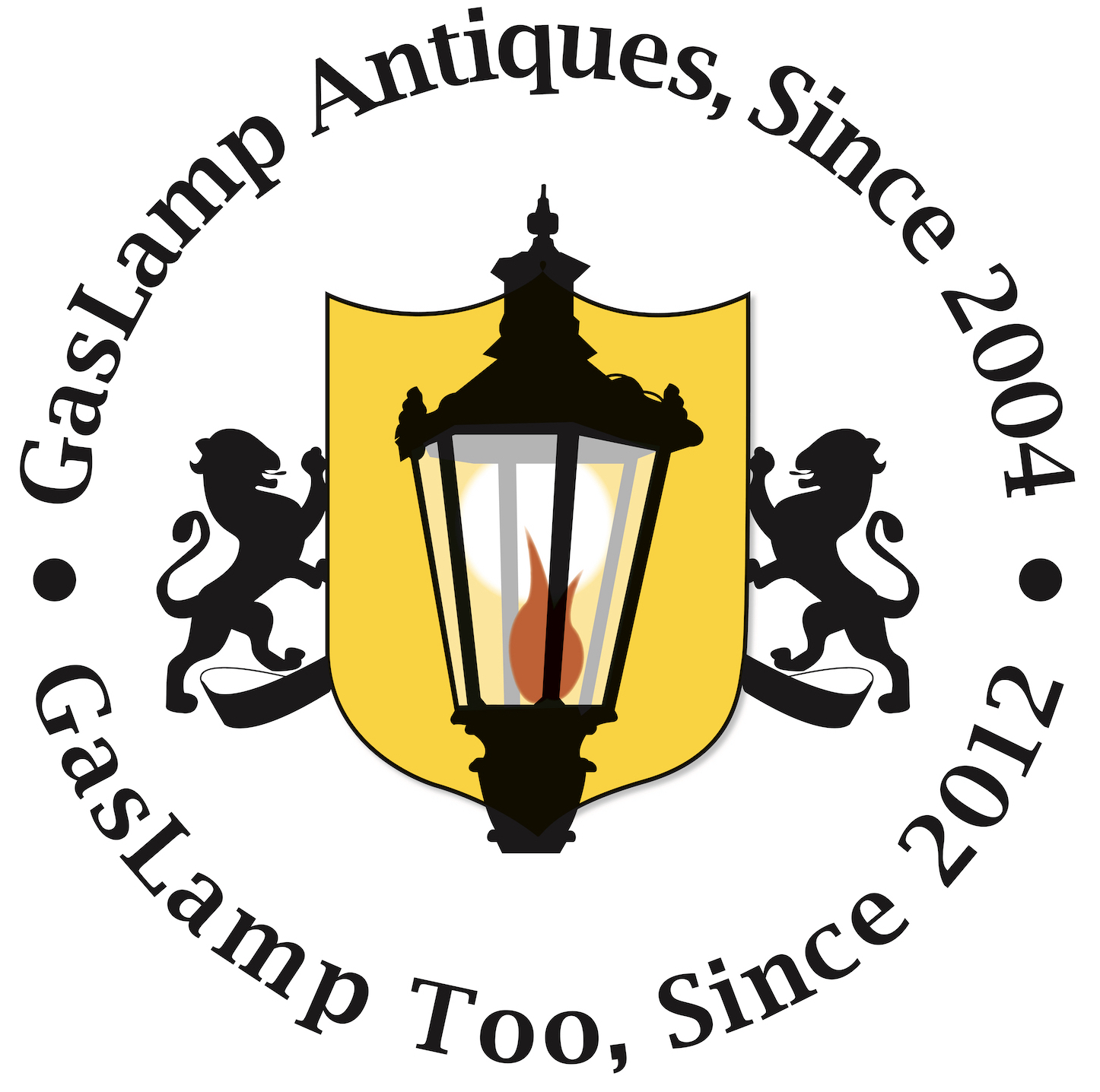 Gas lamp logo with lion silhouettes and curved text reading “GasLamp Antiques” and “GasLamp Too”
