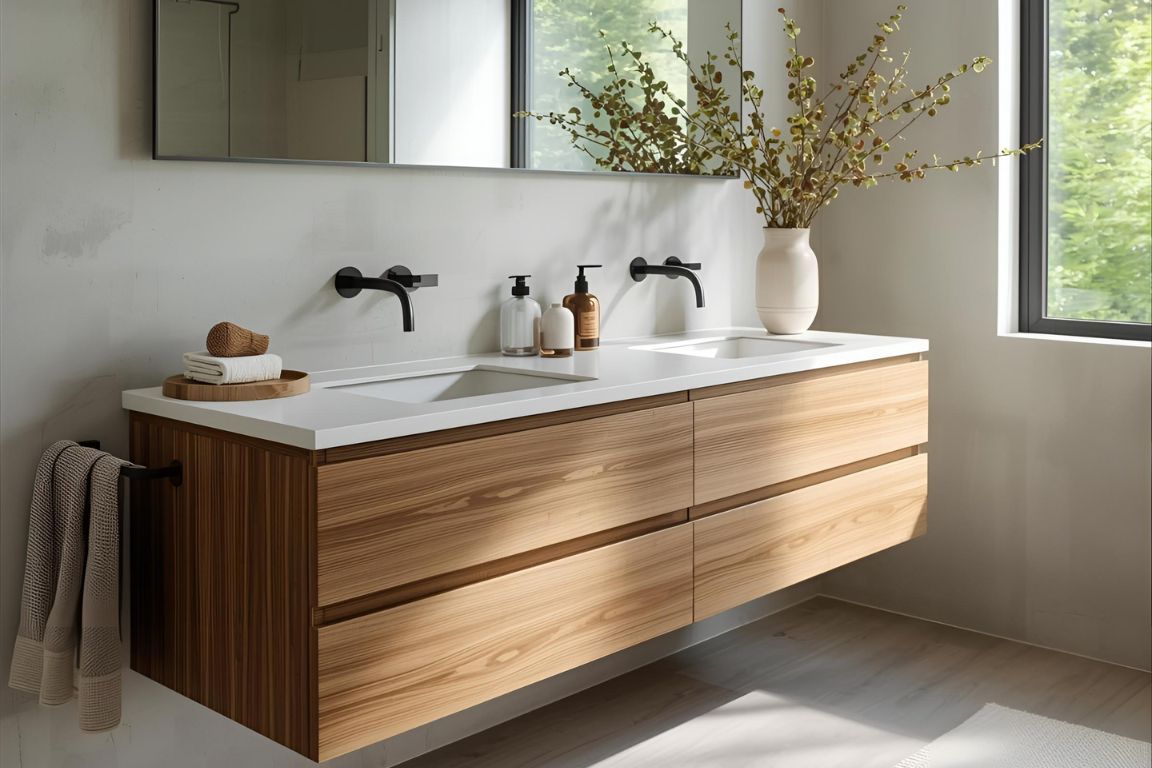 Floating wood bathroom vanity with double sinks for bathroom and kitchen remodeling in Goodyear, AZ