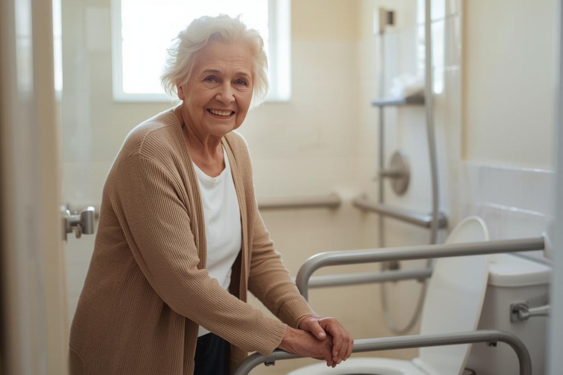 Senior woman using grab bars in an accessible bath for bathroom and kitchen remodeling in Goodyear, AZ
