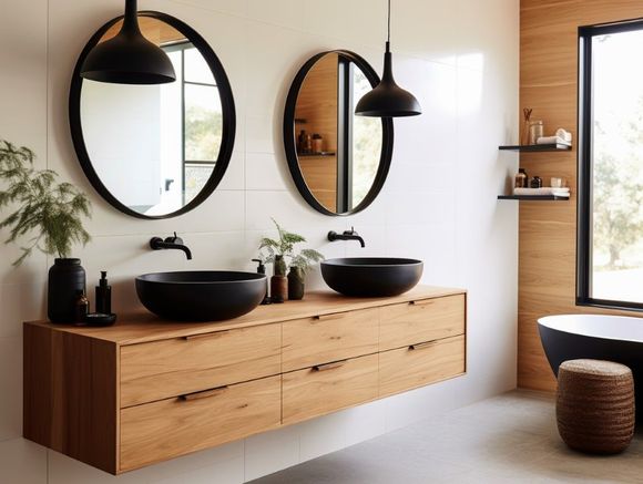 Bathroom with natural wood cabinetry, dual black vessel sinks, round mirrors and pendant lighting.