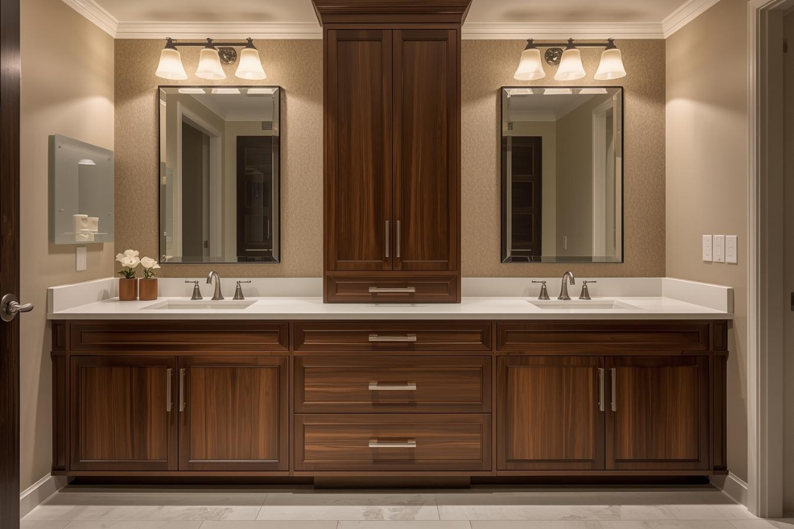 Custom wood bathroom cabinets with dual sinks for bathroom and kitchen remodeling in Goodyear, AZ