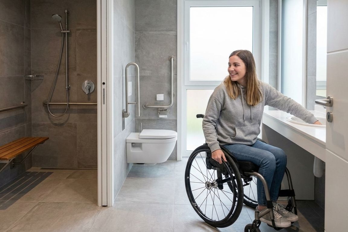 Wheelchair user in an accessible bathroom with roll-in shower for bathroom remodeling in Goodyear, AZ