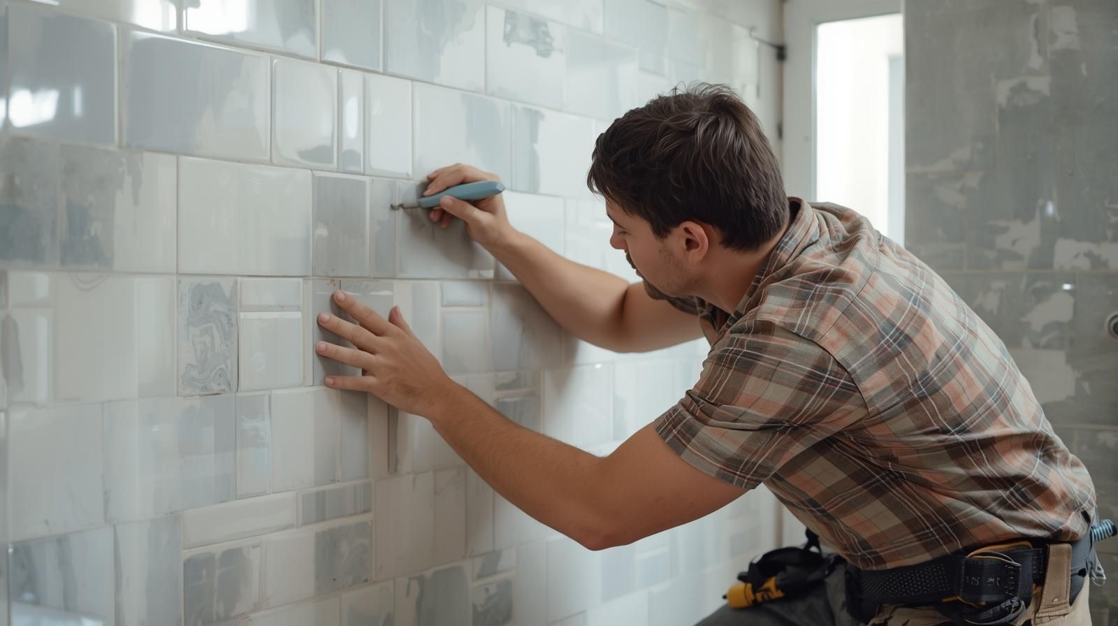 Remodeling contractor setting white bathroom wall tiles by hand, aligning and adjusting the surface.