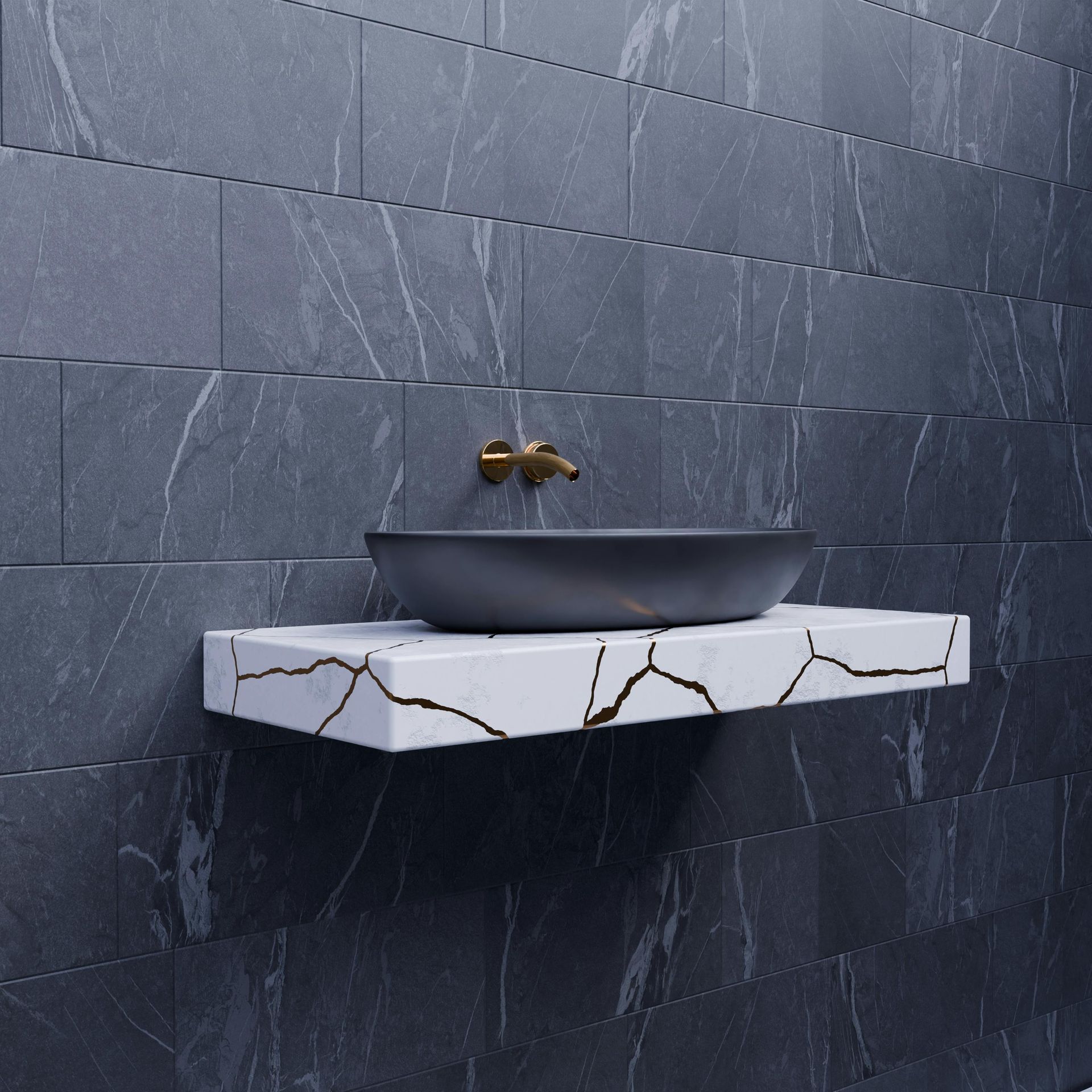 Floating stone countertop with vessel sink and wall-mounted faucet in a modern master bathroom upgrade.