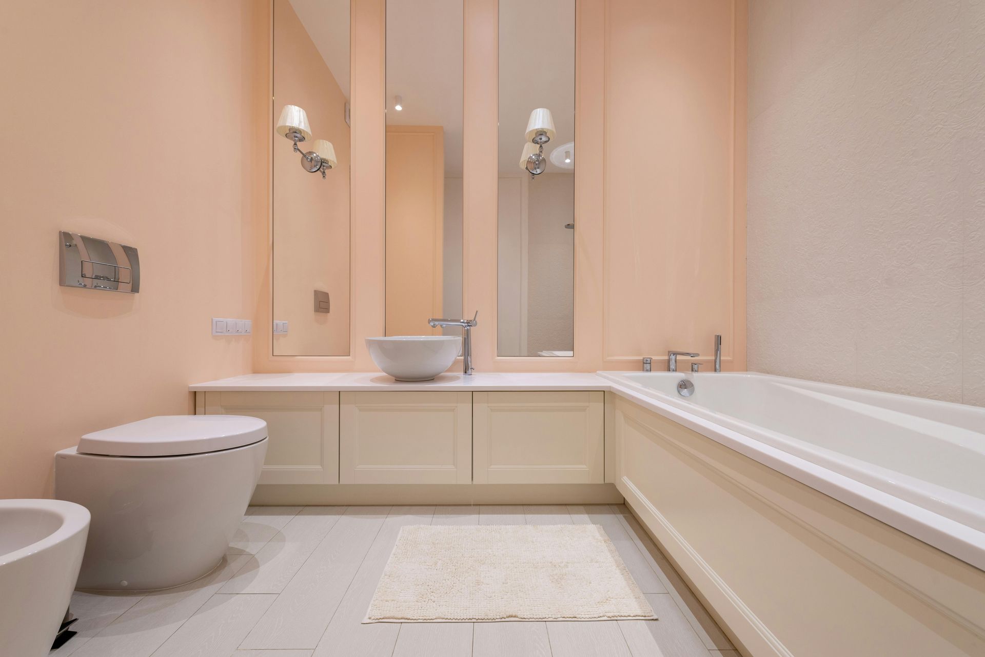 Spacious master bath layout with built-in tub, long countertop, and open walkways for comfort and function.