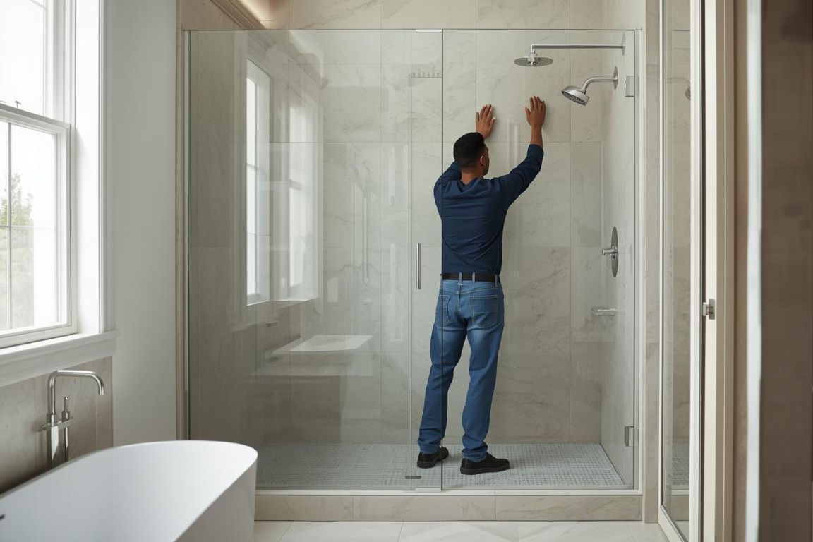 Worker installing a glass shower panel for bathroom and kitchen remodeling in Goodyear, AZ