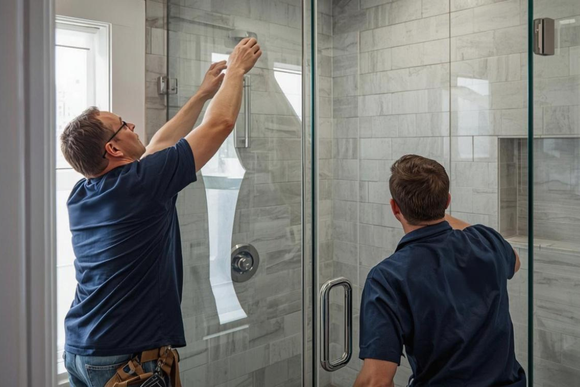 Bathroom remodeling contractors installing frameless glass shower enclosure with marble-look wall panels.