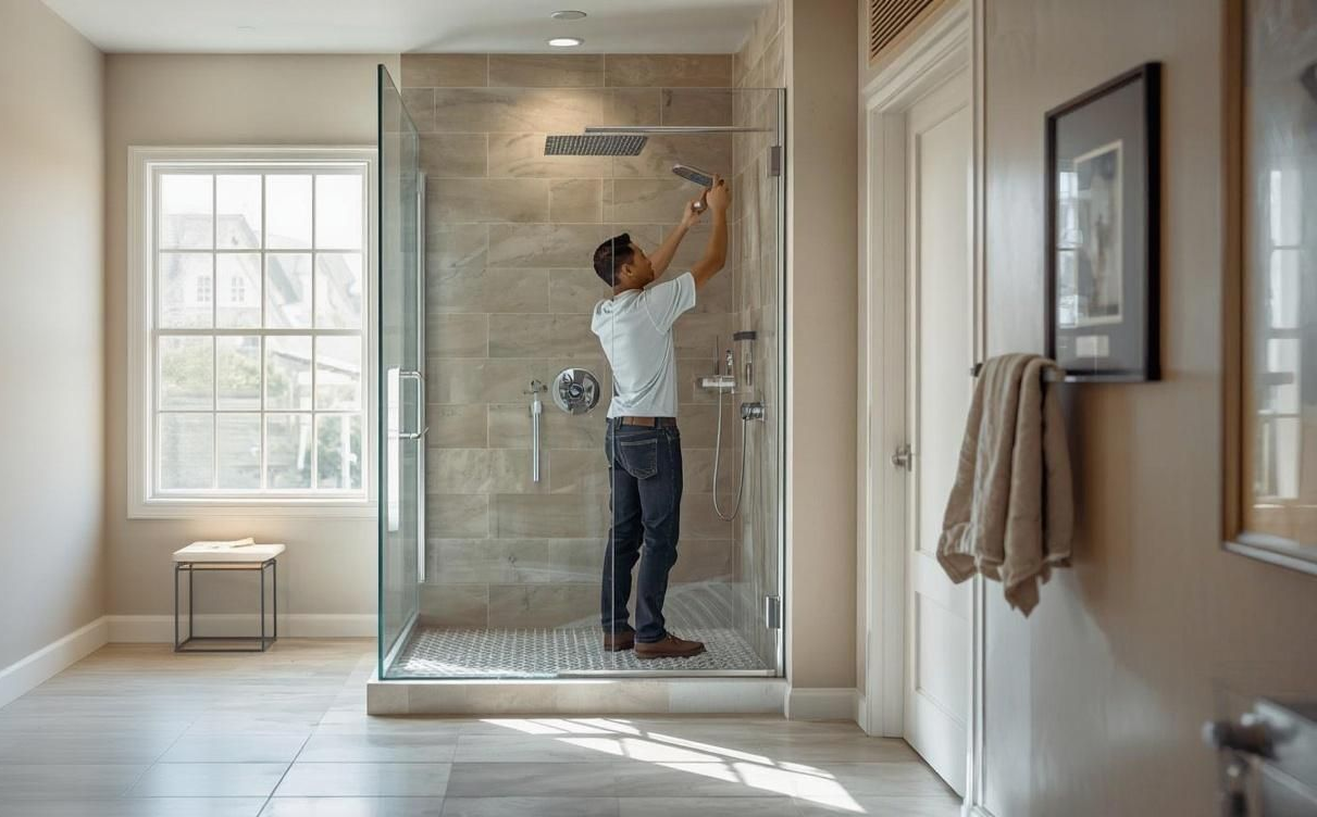 Bathroom remodeler adjusts a rainfall showerhead inside a modern glass walk-in shower with light tile walls in a bright.