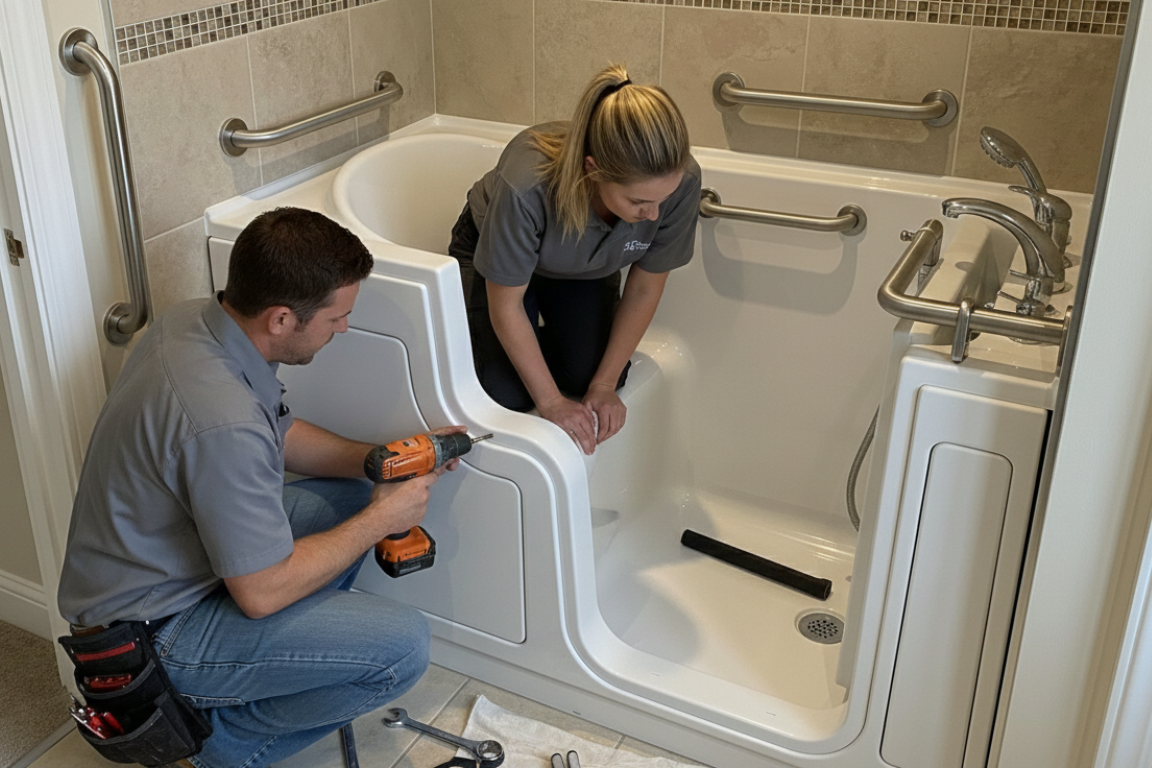 Walk-in tub with grab bars and low-entry door for bathroom and kitchen remodeling in Goodyear, AZ