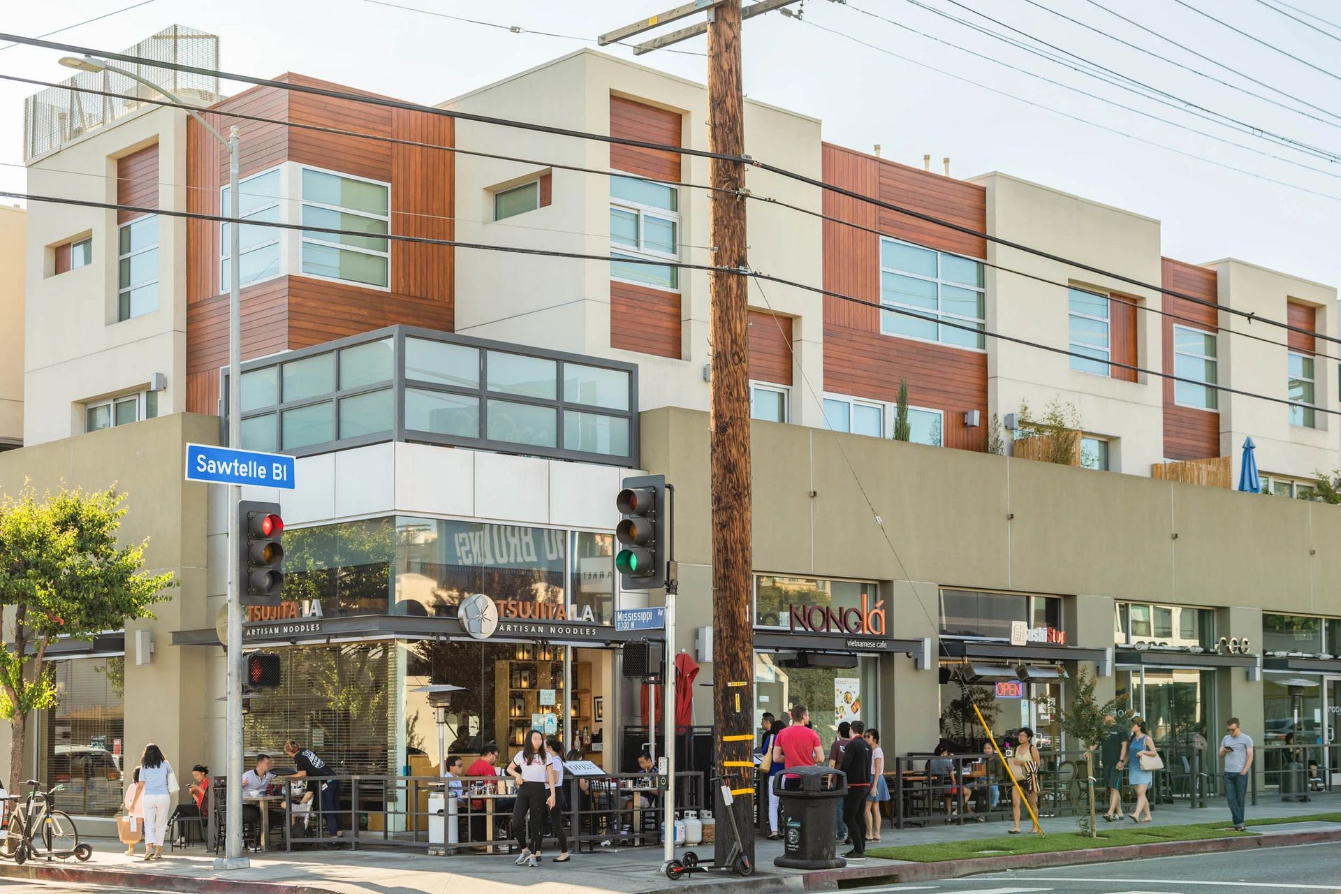 Sawtelle neighborhood street with shops and restaurants near UCLA