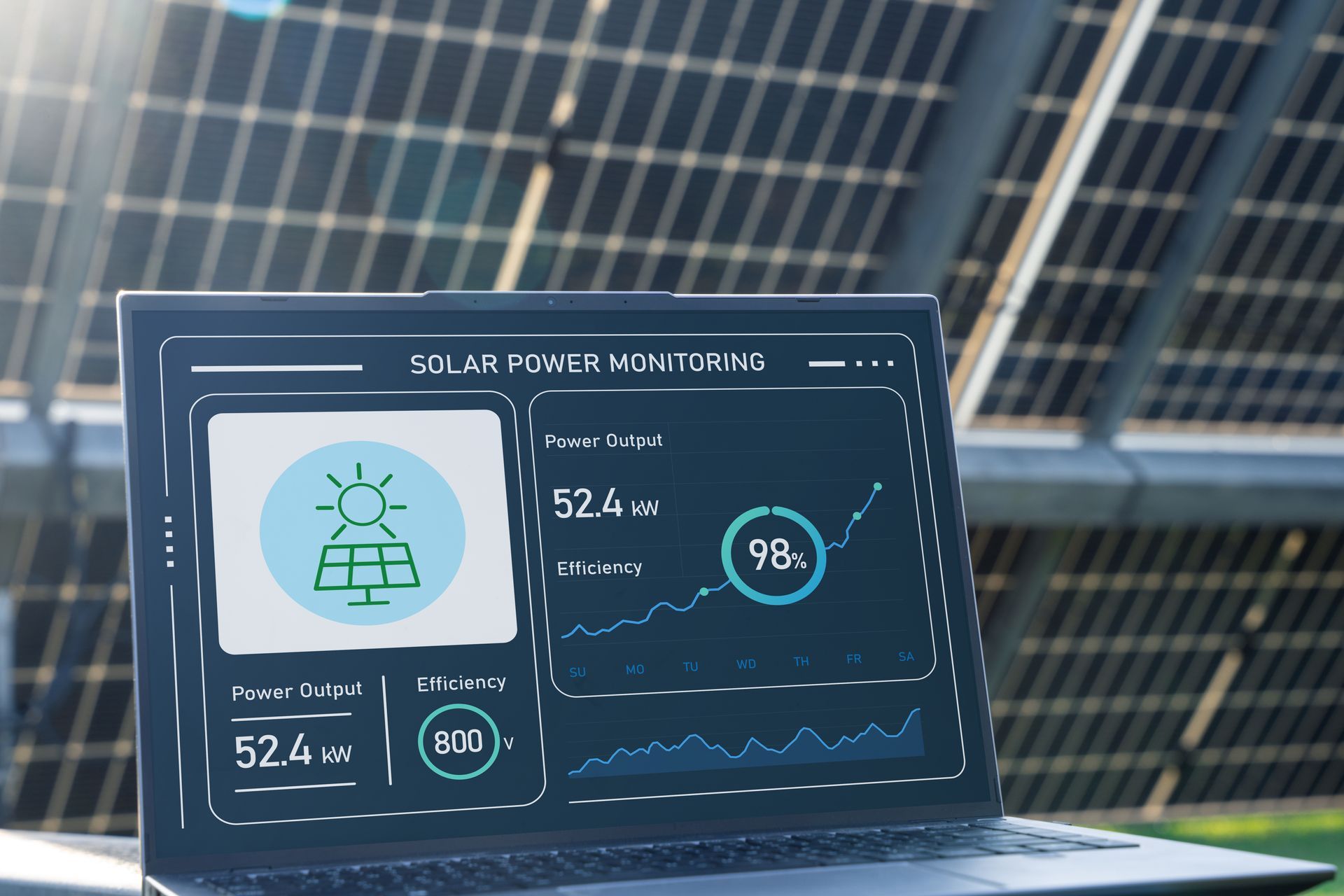 Laptop displaying solar power monitoring data with solar panels in the background Laptop displaying solar power monitoring data with solar panels in the background