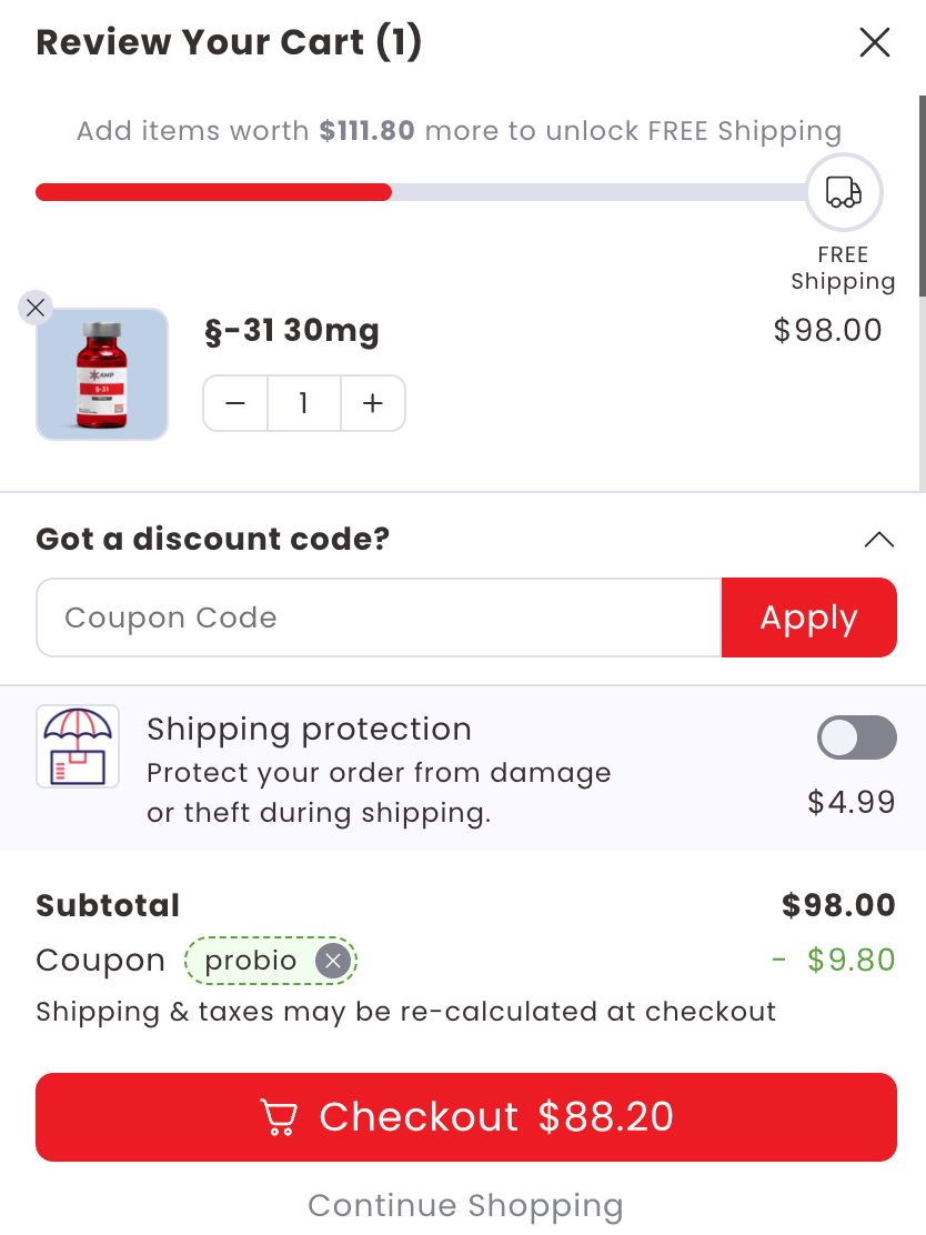 PROBIO coupon code applied at Ameano Peptides checkout showing 10 percent discount of $9.80, verified October 2026.