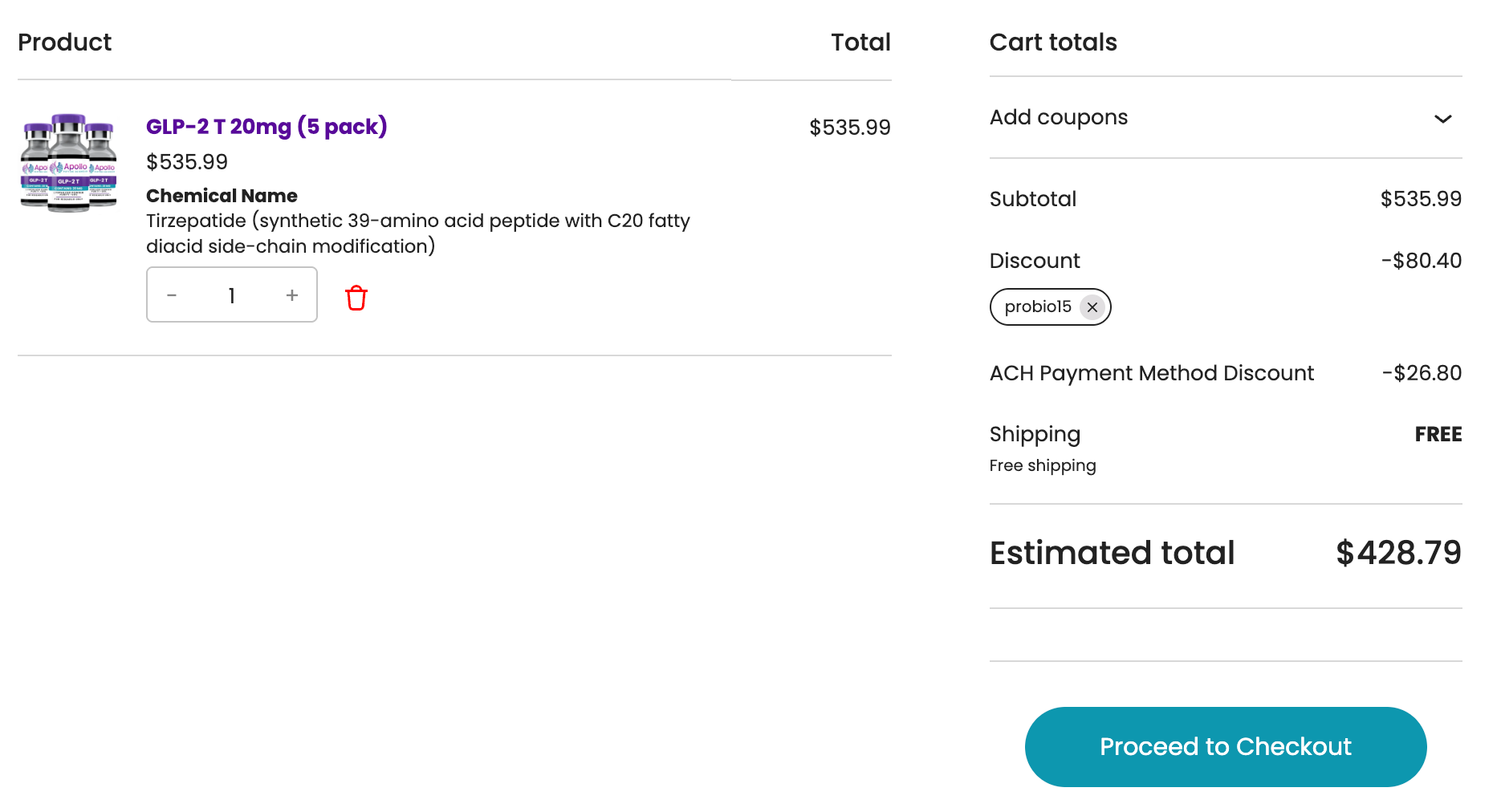PROBIO15 coupon code applied at Apollo Peptide Sciences checkout showing 15 percent discount of $80.40, verified October 2026.