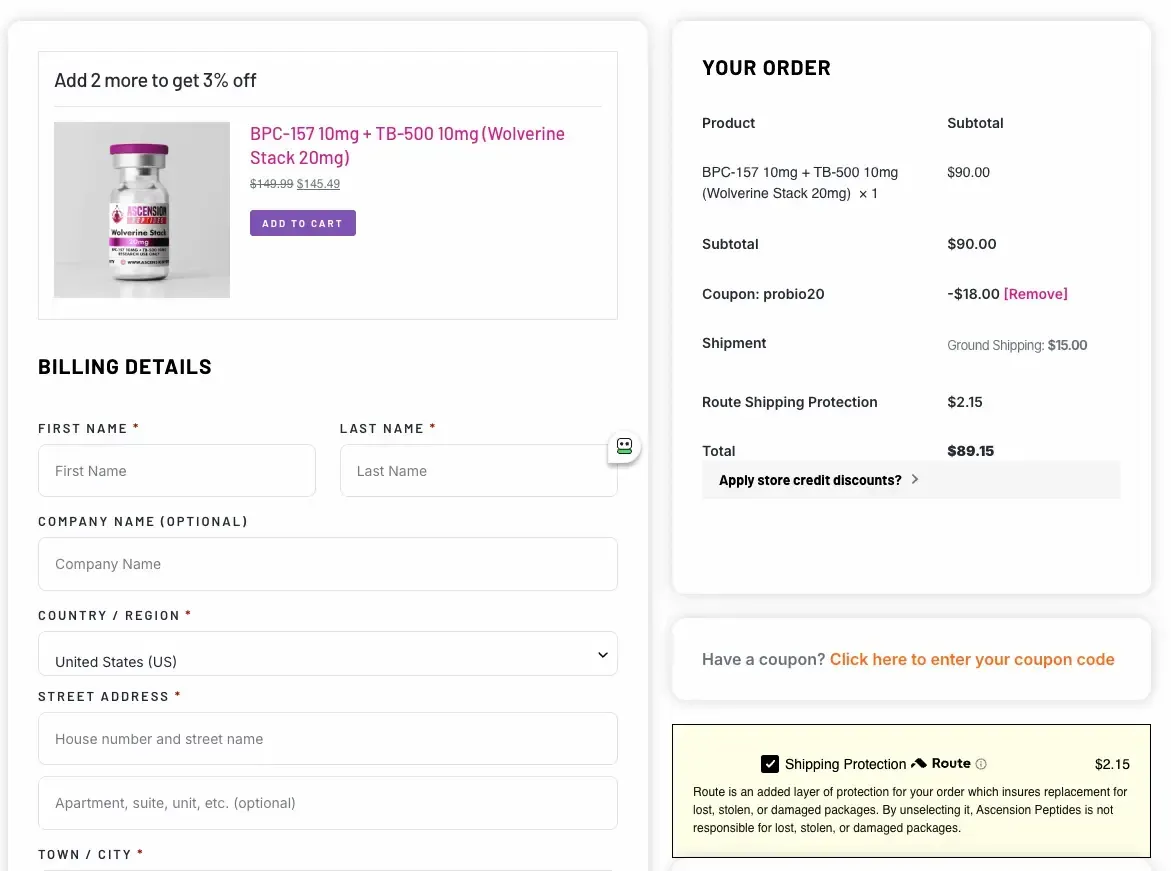 Ascension Peptides checkout order summary showing a Wolverine Stack 20mg at $90.00, an $18.00 discount line and $15.00 Ground shipping.