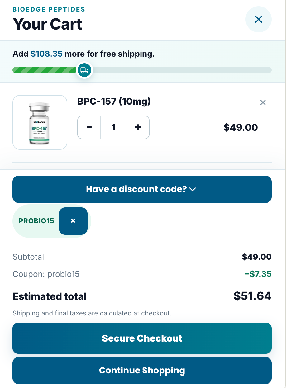 PROBIO15 coupon code applied at BioEdge Research Labs checkout showing 15 percent discount of $10.35, verified October 2026.