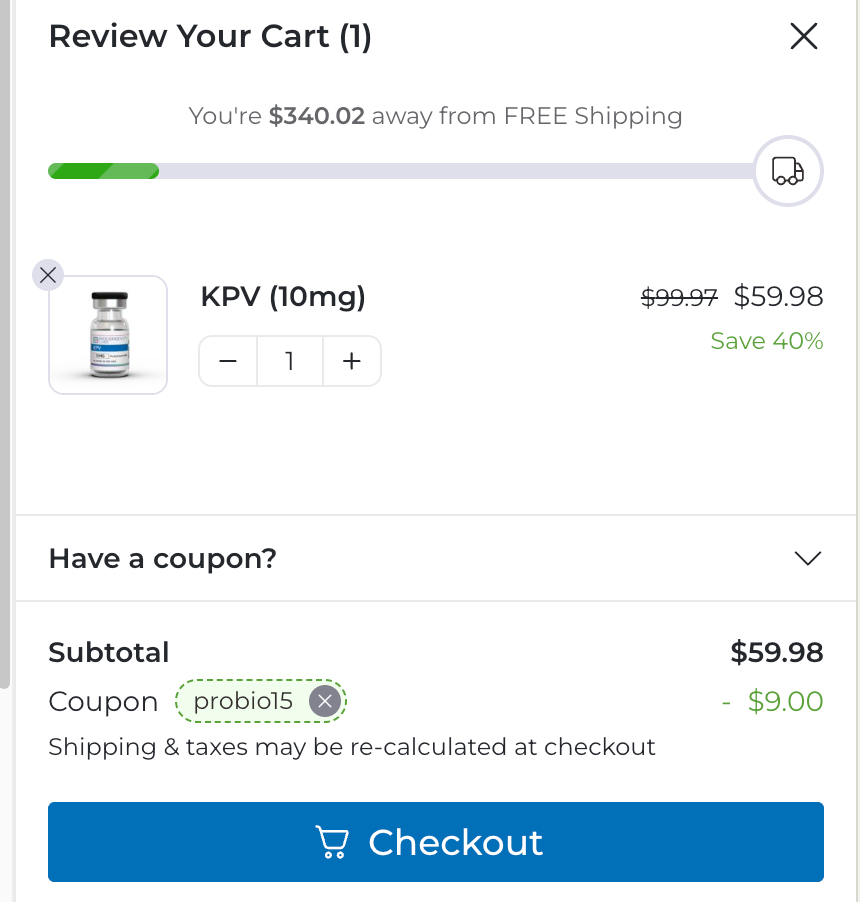 PROBIO15 coupon code applied at Biolongevity Labs checkout showing 15 percent discount of $11.25, verified October 2026.