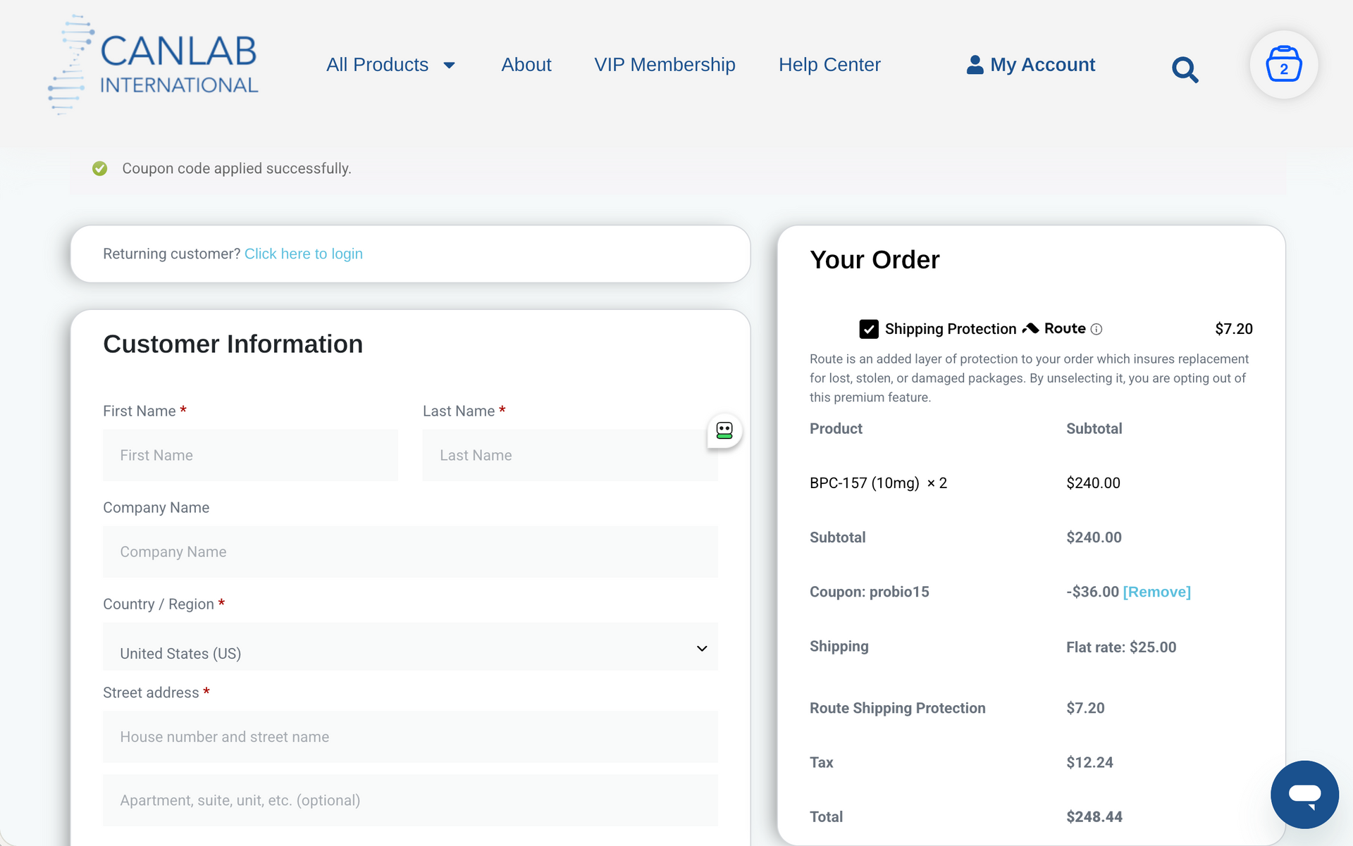 PROBIO15 coupon code applied at CanLab International checkout showing 15 percent discount of $18.00, verified October 2026.
