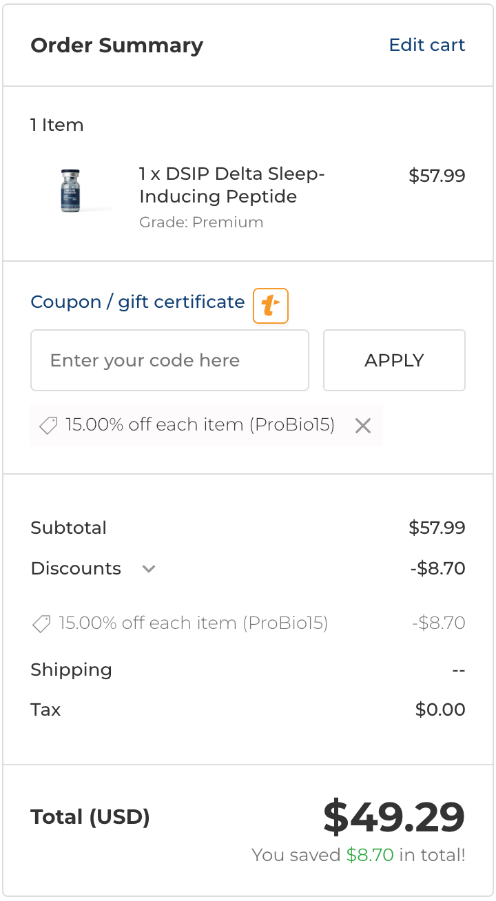 PROBIO15 coupon code applied at Limitless Biotech checkout showing 15 percent discount of $7.92, verified October 2026.