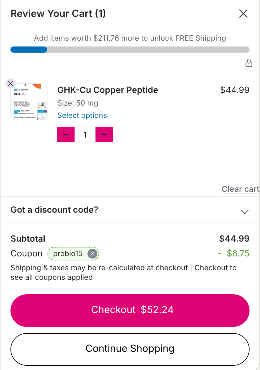 Peptidology cart with coupon probio15 applied, taking $6.75 off a $44.99 GHK-Cu 50mg vial