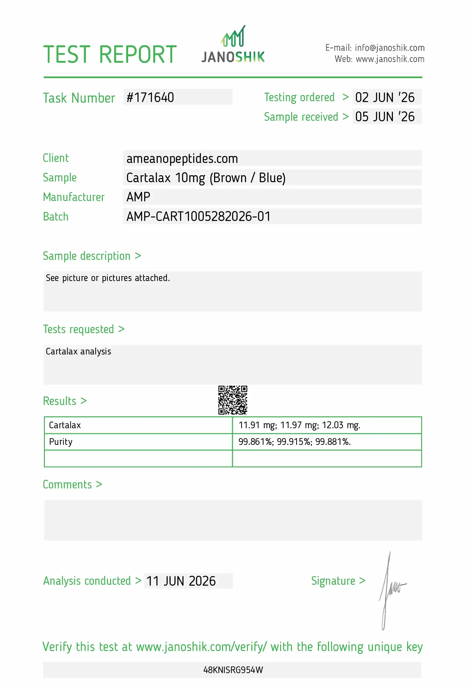 Cartalax COA lab report showing 10 mg peptide purity around 99.9%
