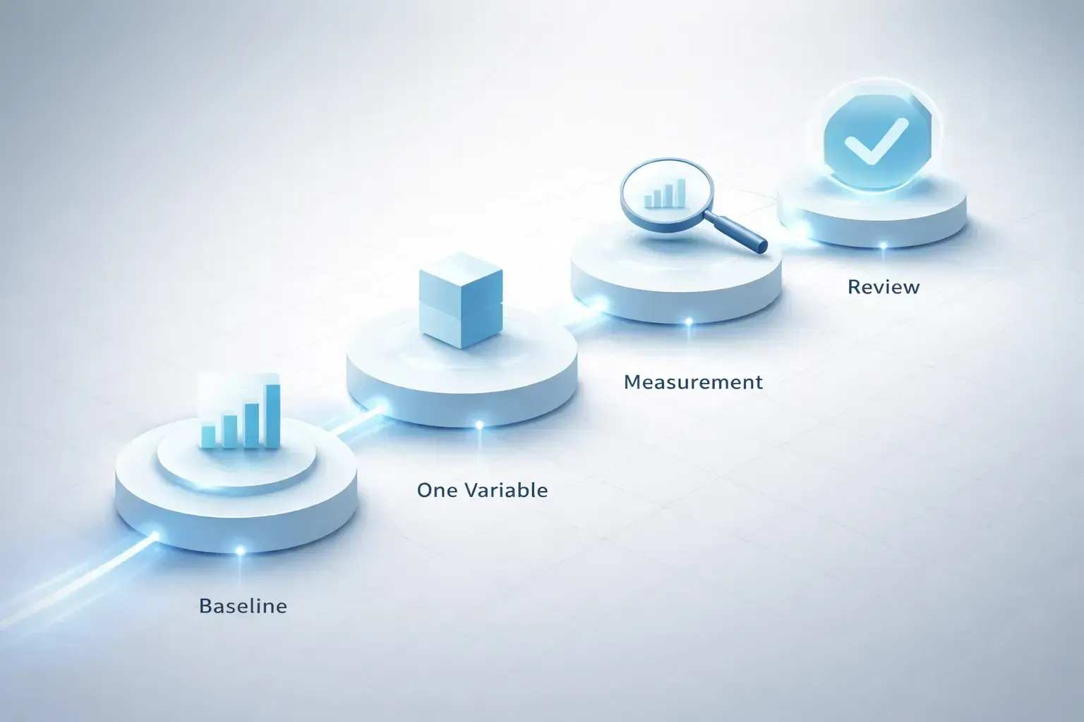 Stages of data analysis on illuminated platforms: Research, One Variable, Measurement, Results.