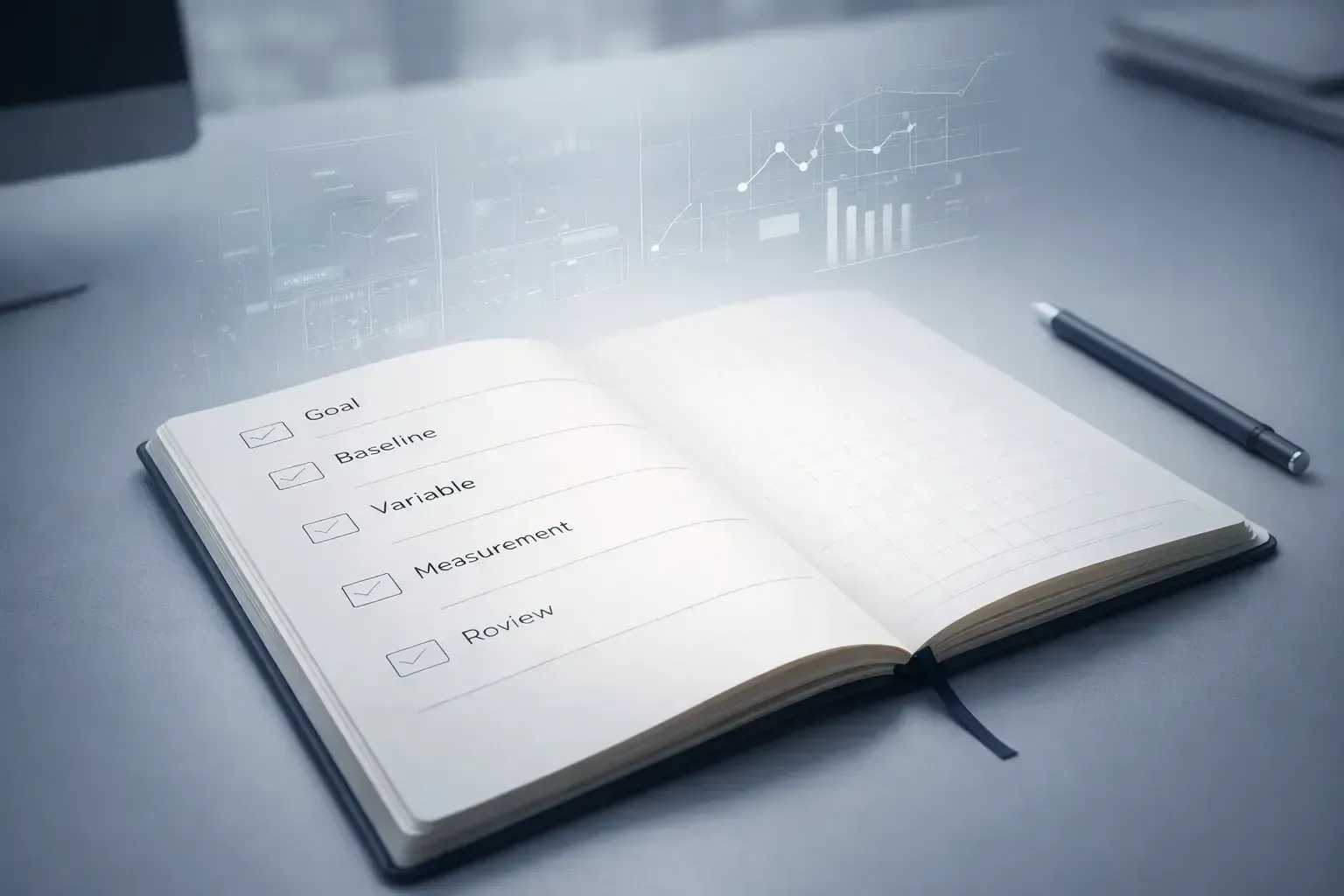 Notebook and data visuals representing a structured biohacking research protocol.