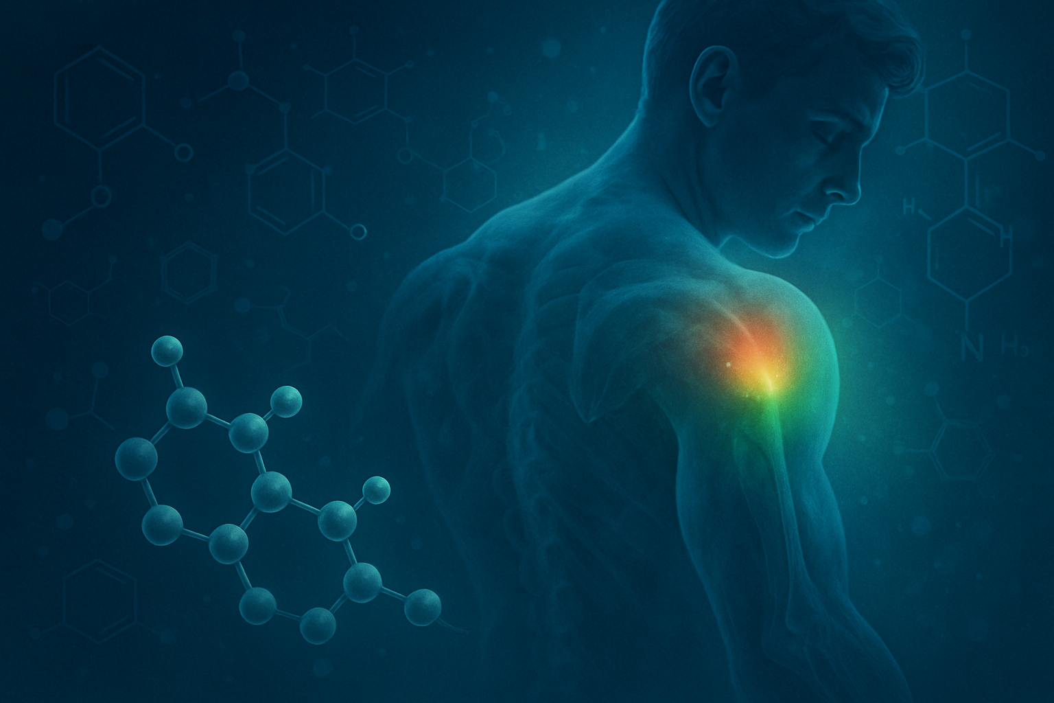 Illustration of a person with highlighted shoulder pain; molecules float nearby on a blue background.