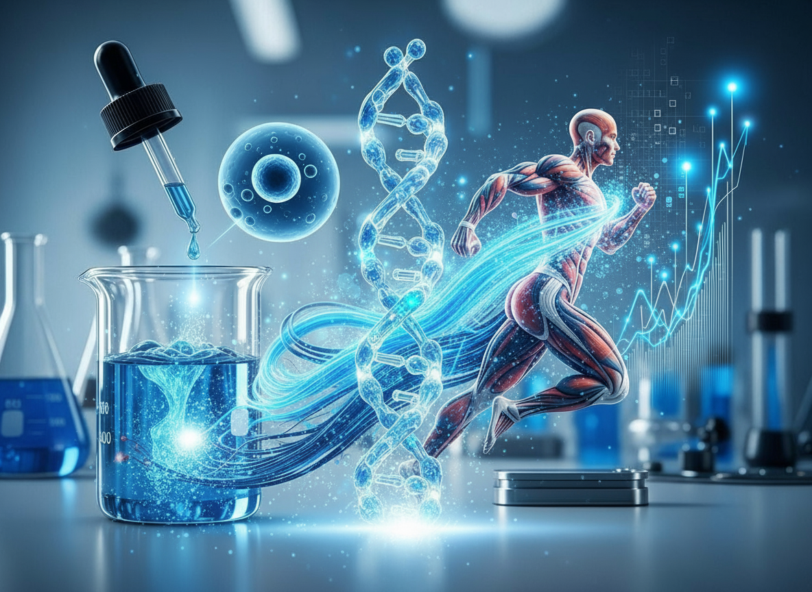 A man running, superimposed with glowing DNA, emerging from a lab beaker with blue liquid and dropper.
