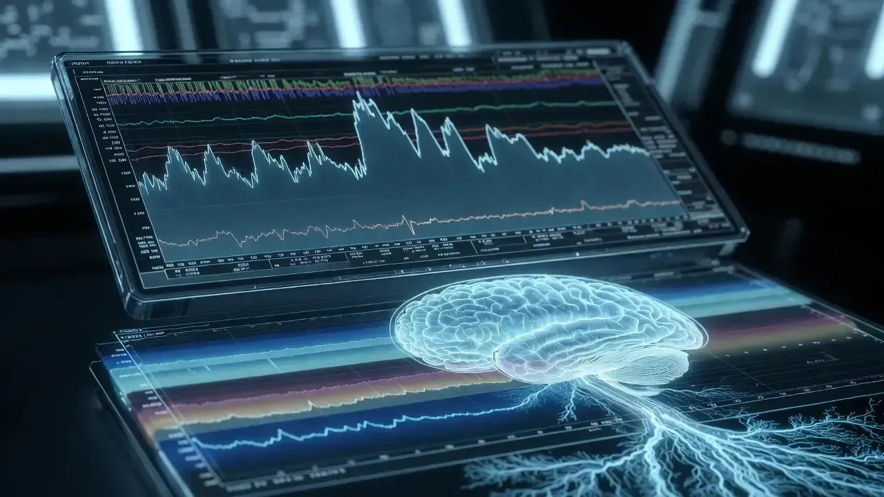A glowing digital human brain sits atop a tablet screen displaying complex data charts and neural network patterns.