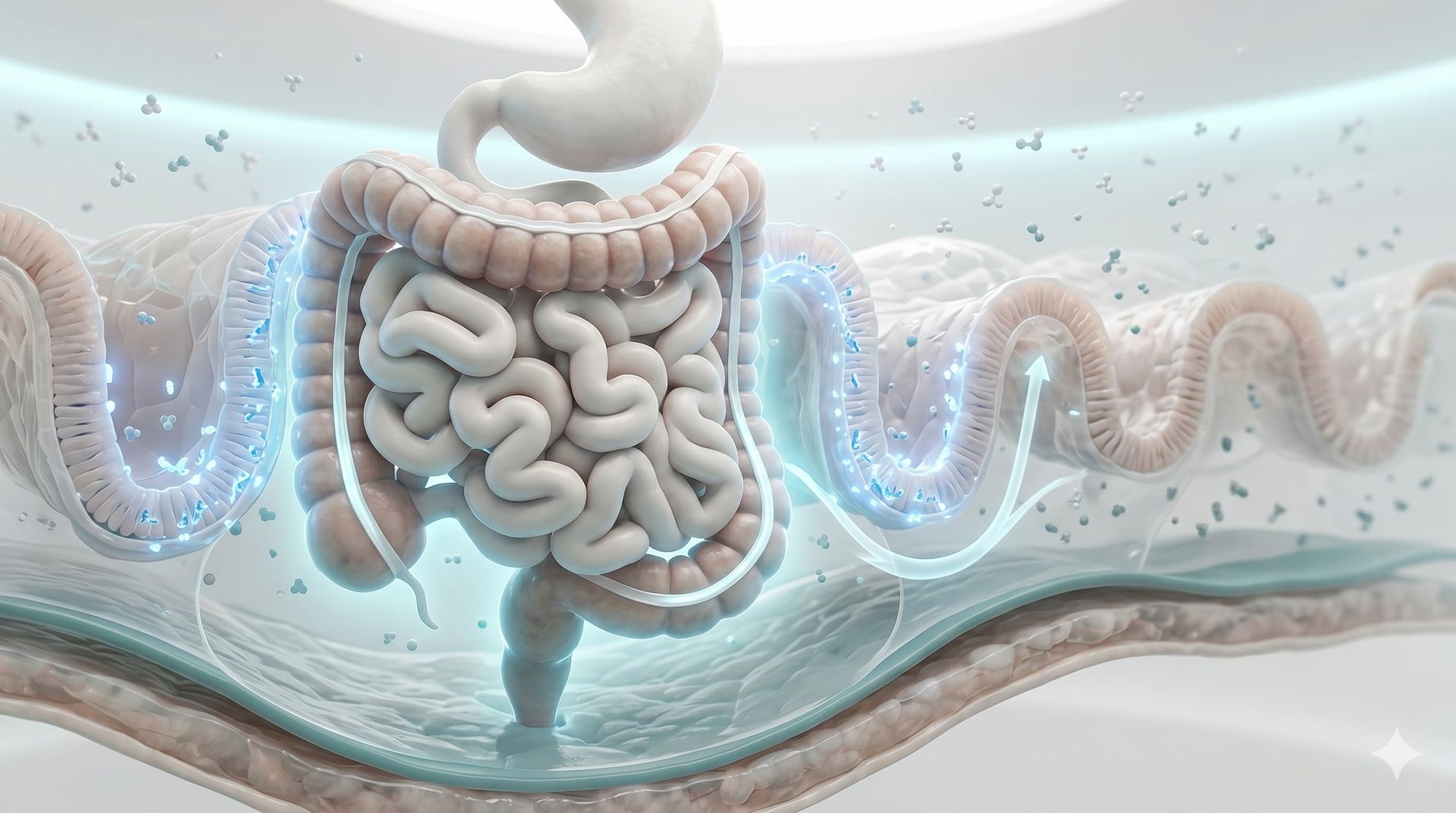 Stylized 3D diagram of the human digestive tract with highlighted intestines and colon in soft blue tones