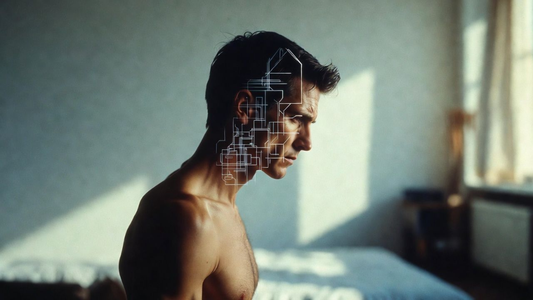 Man with exposed torso, side profile, translucent tech design overlaid on his face, looking down, bright room.