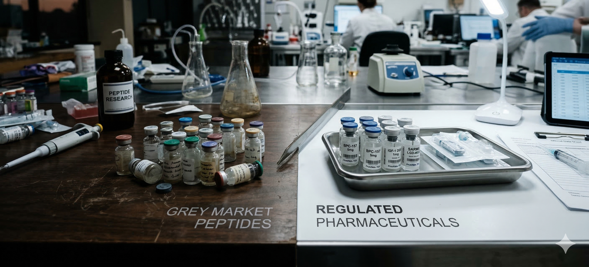Visual contrast between grey-market peptide vials and regulated pharmaceutical compounds.