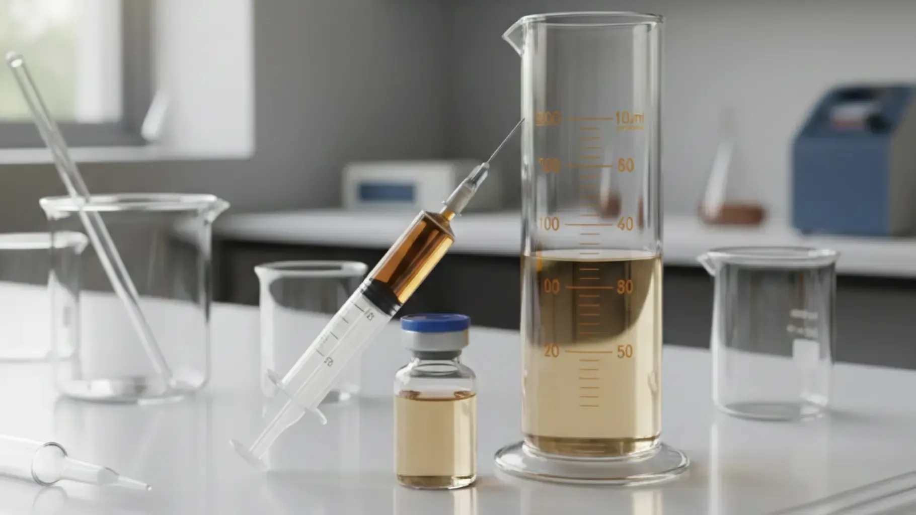 Graduated cylinder with amber peptide solution beside vial and syringe on clean lab bench surface