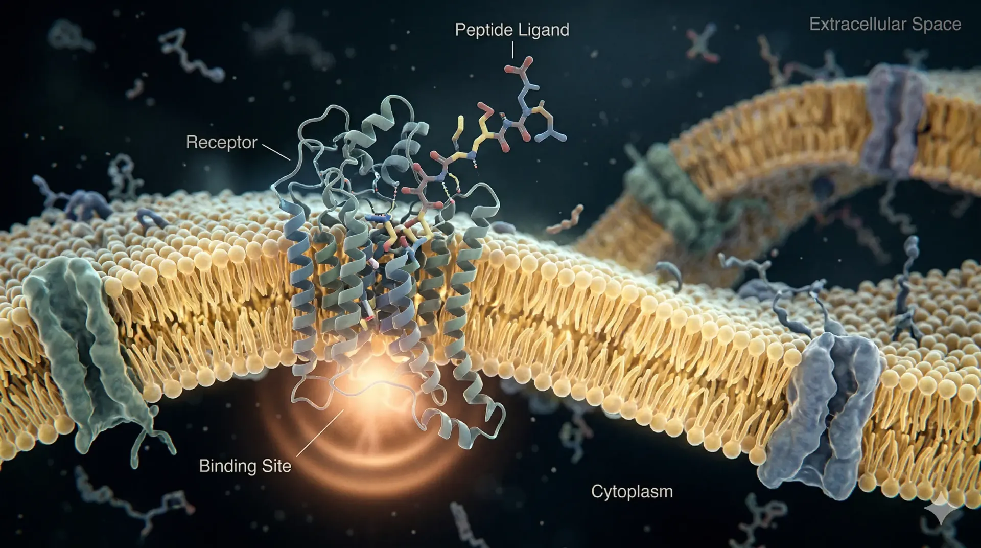 A 3D render shows a G protein-coupled receptor in a cell membrane, with a peptide ligand binding and activating the protein.