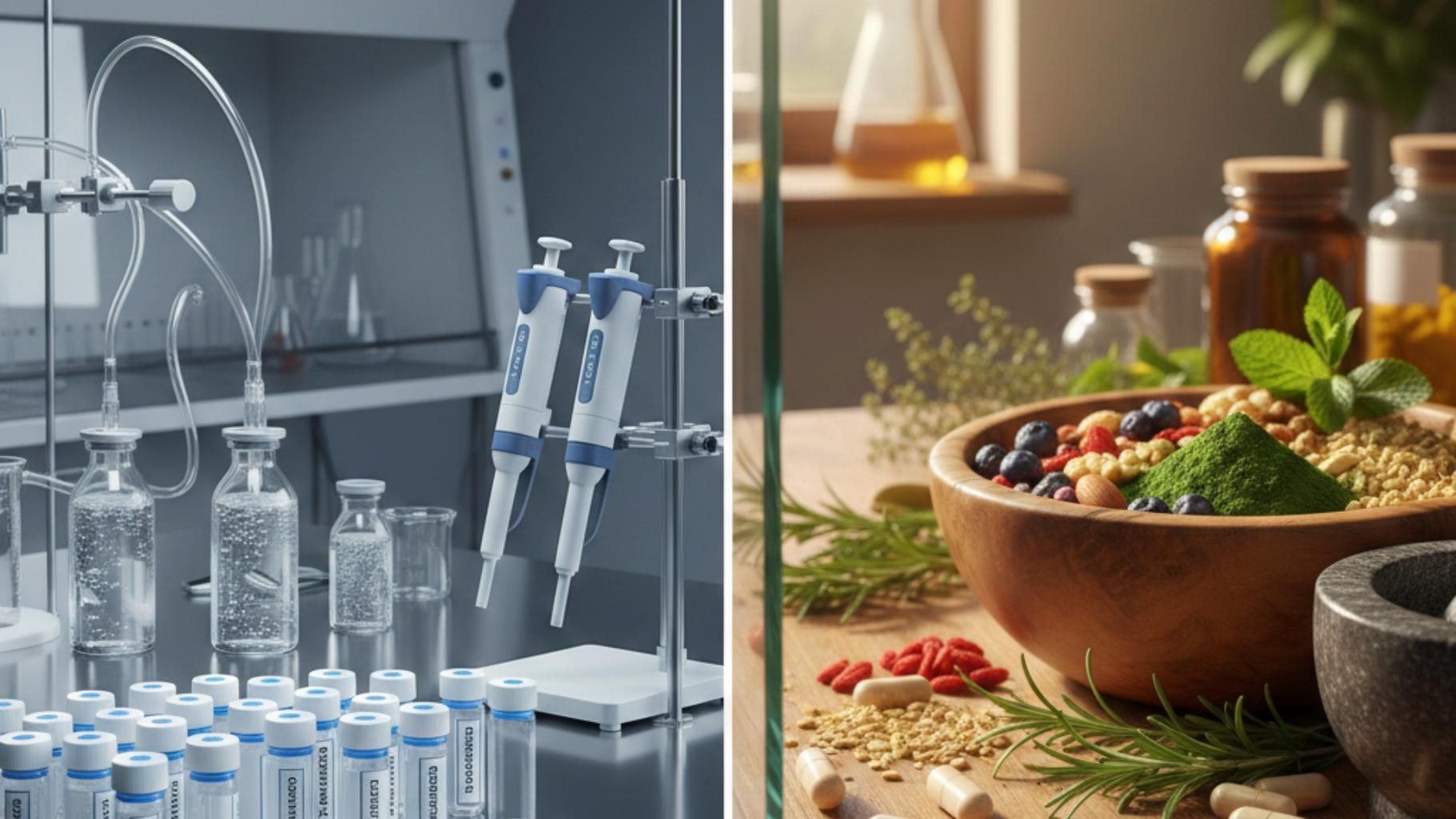 Split visual contrasting peptide vials in lab with herbs and supplements in wooden bowl