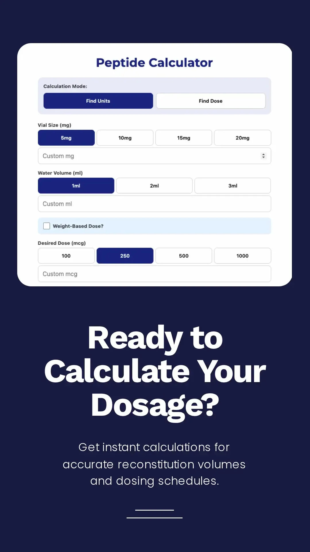 Peptide calculator interface with dosage fields and a bold “Ready to Calculate Your Dosage?” headline