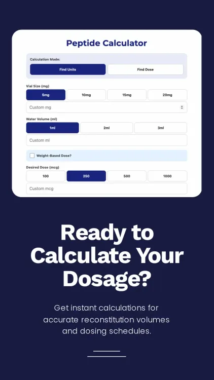 Peptide calculator interface with dosage fields and a bold “Ready to Calculate Your Dosage?” headline
