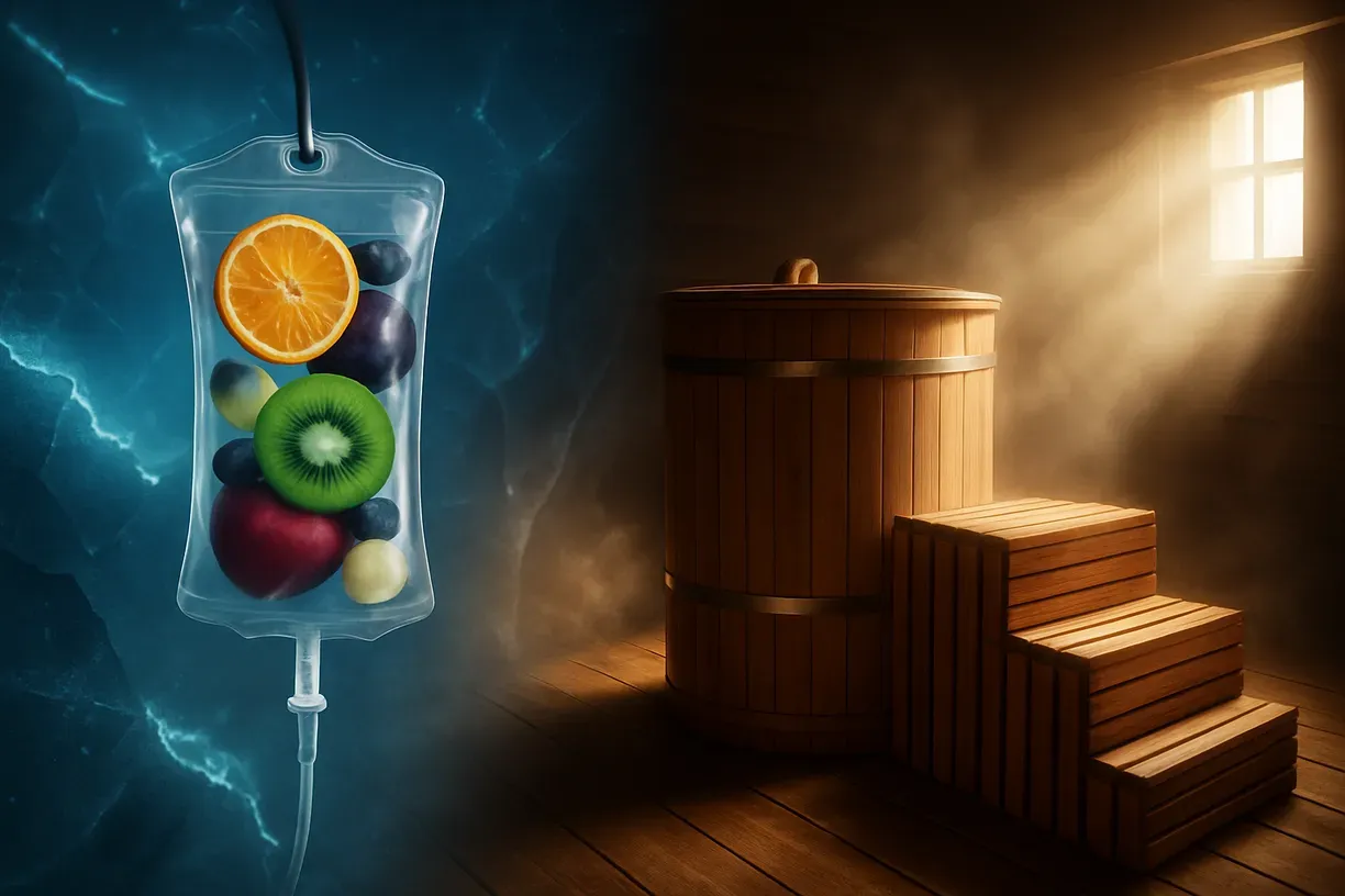 IV bag filled with fruit, next to a sauna and wooden steps, with light streaming through a window.