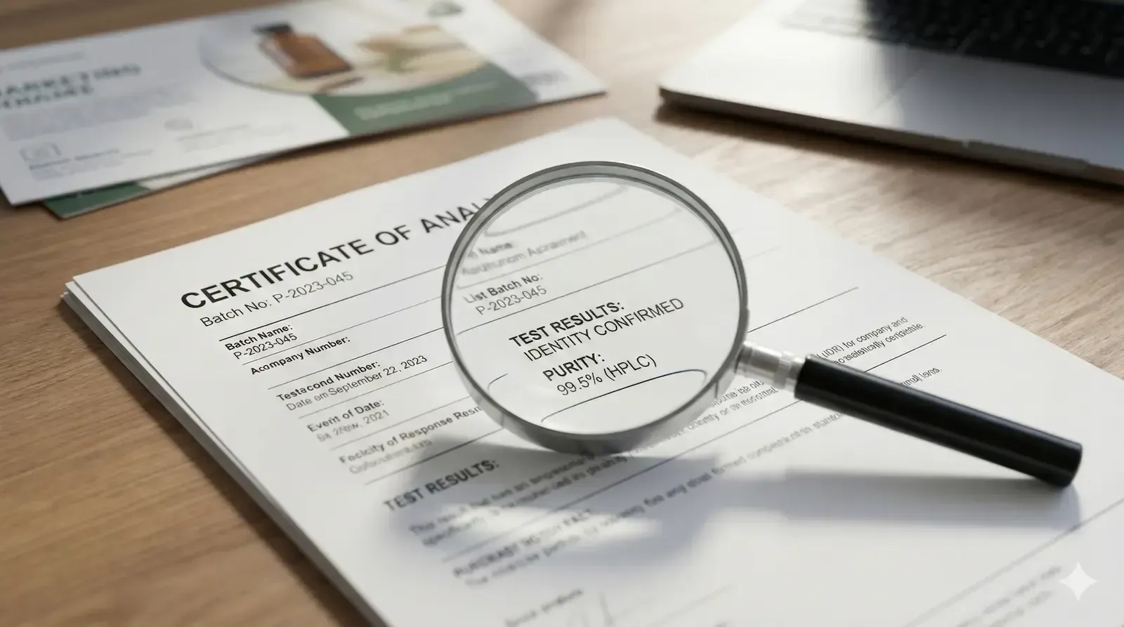 Magnifying glass over a Certificate of Analysis focusing on 'Identity Confirmed' and 'Purity: 99.5% (HPLC)' text.